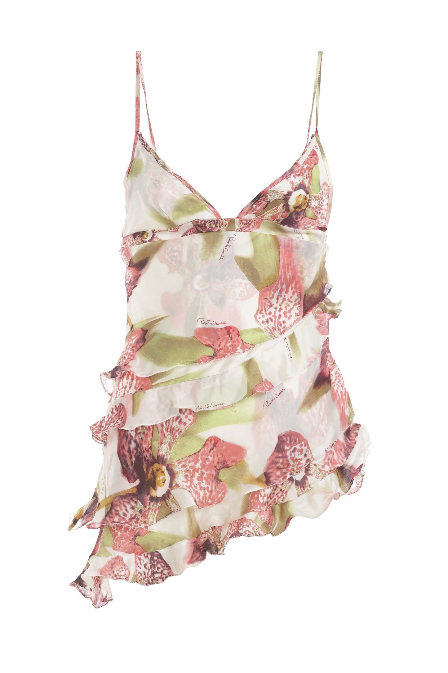 Roberto Cavalli pink and green sleeveless top with ruffles