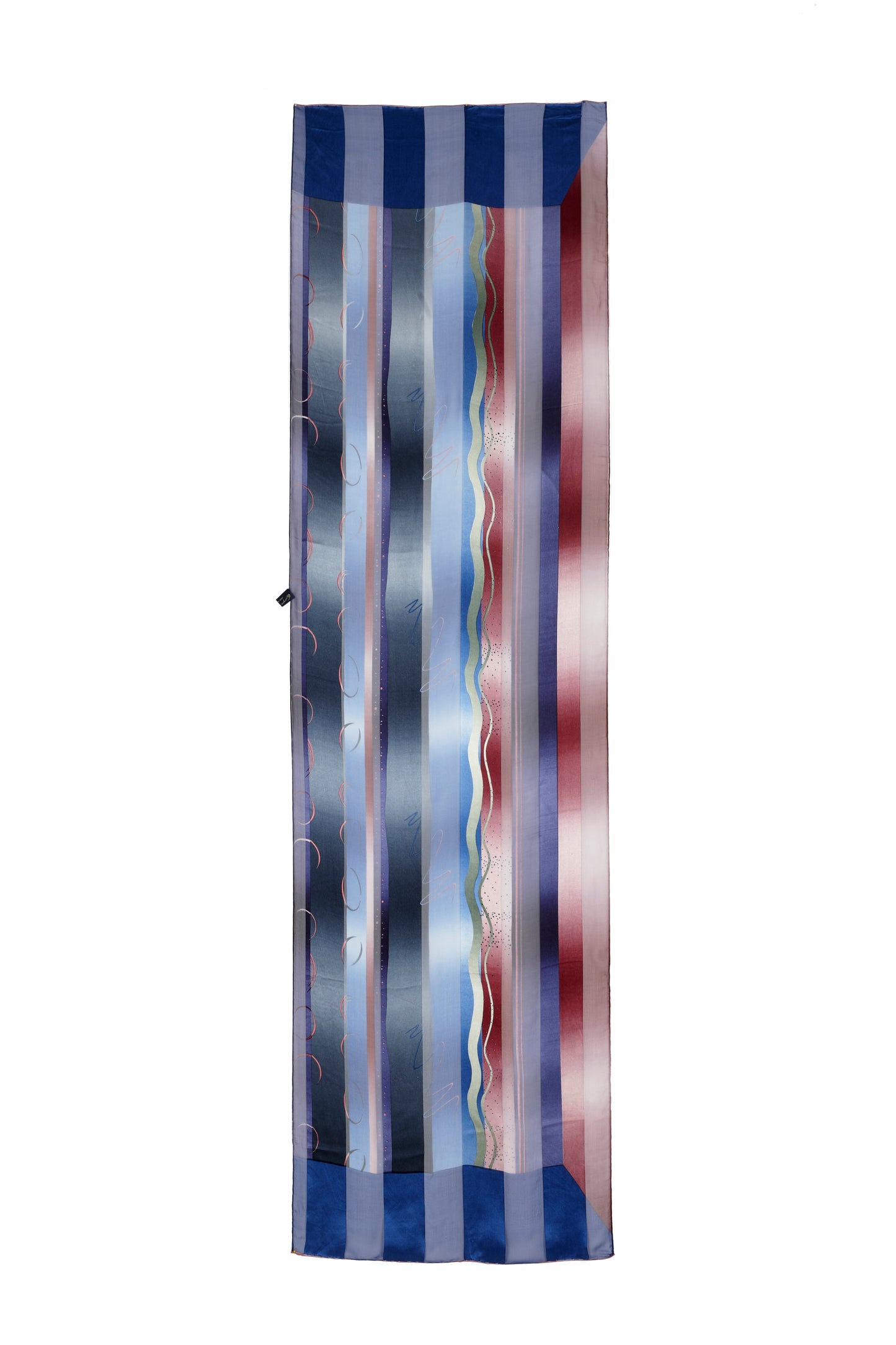 Georgina von Etzdorf navy blue silk chiffon long scarf with burgundy and yellow wavy stripes