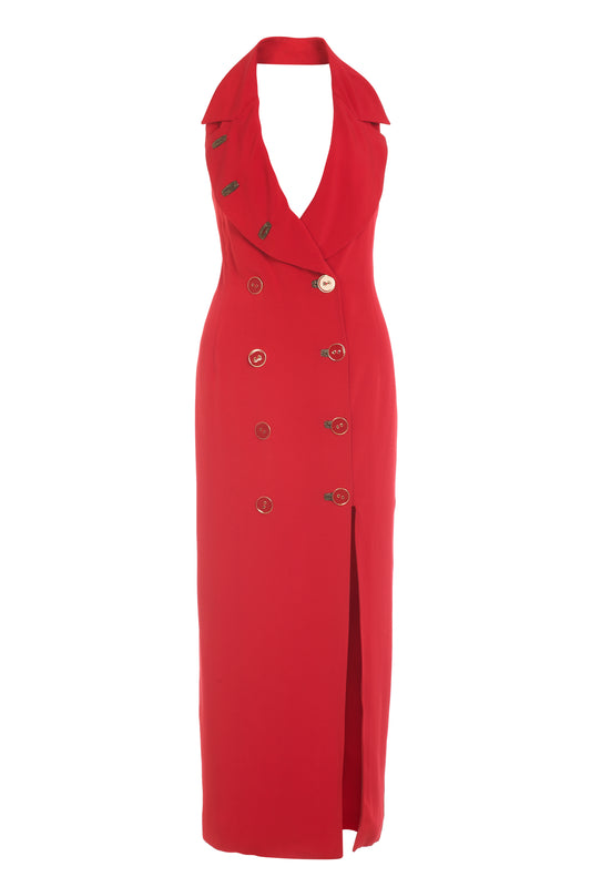 Alma Couture long red halter dress with gold beading