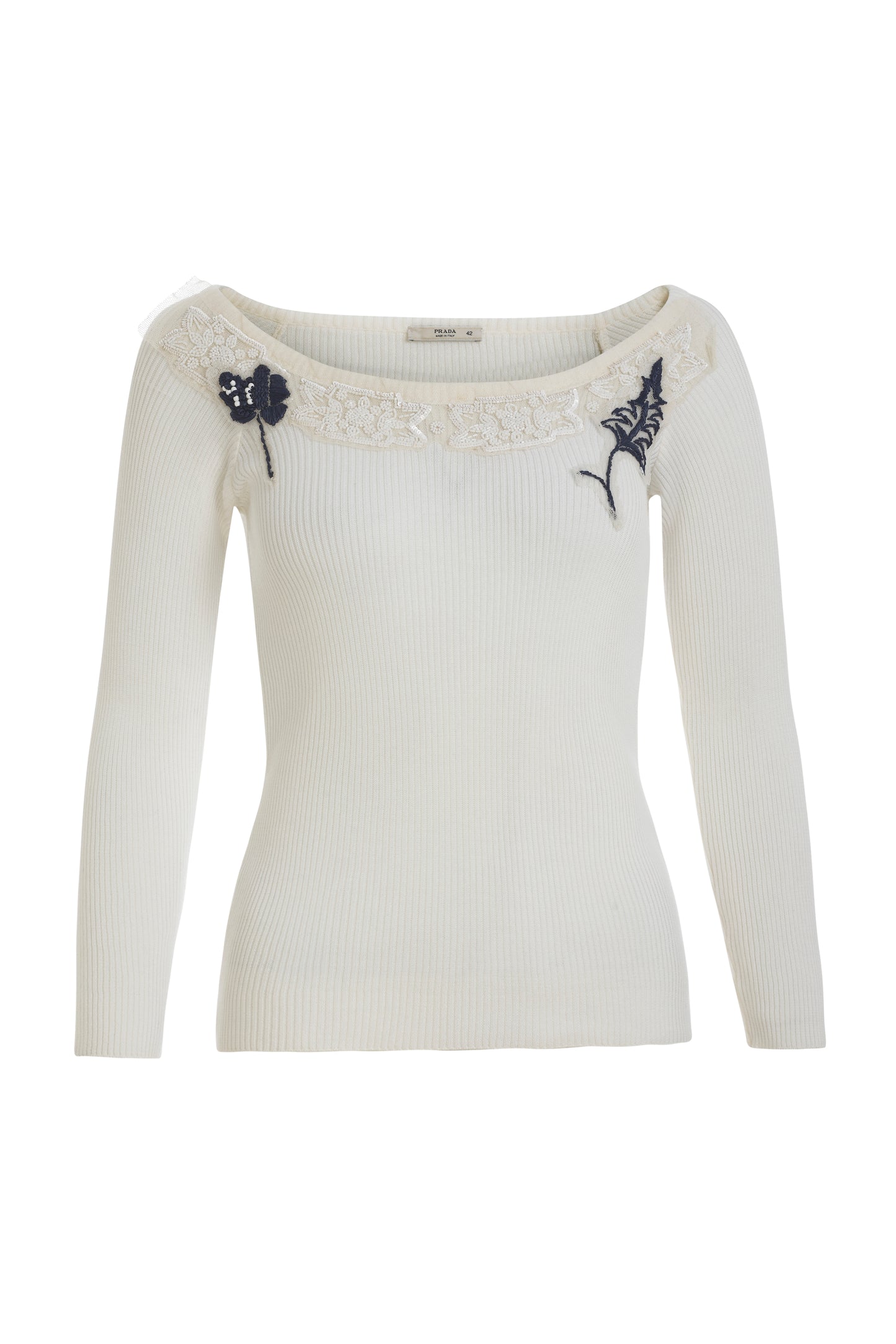 Prada white knitted top with floral beaded neckline