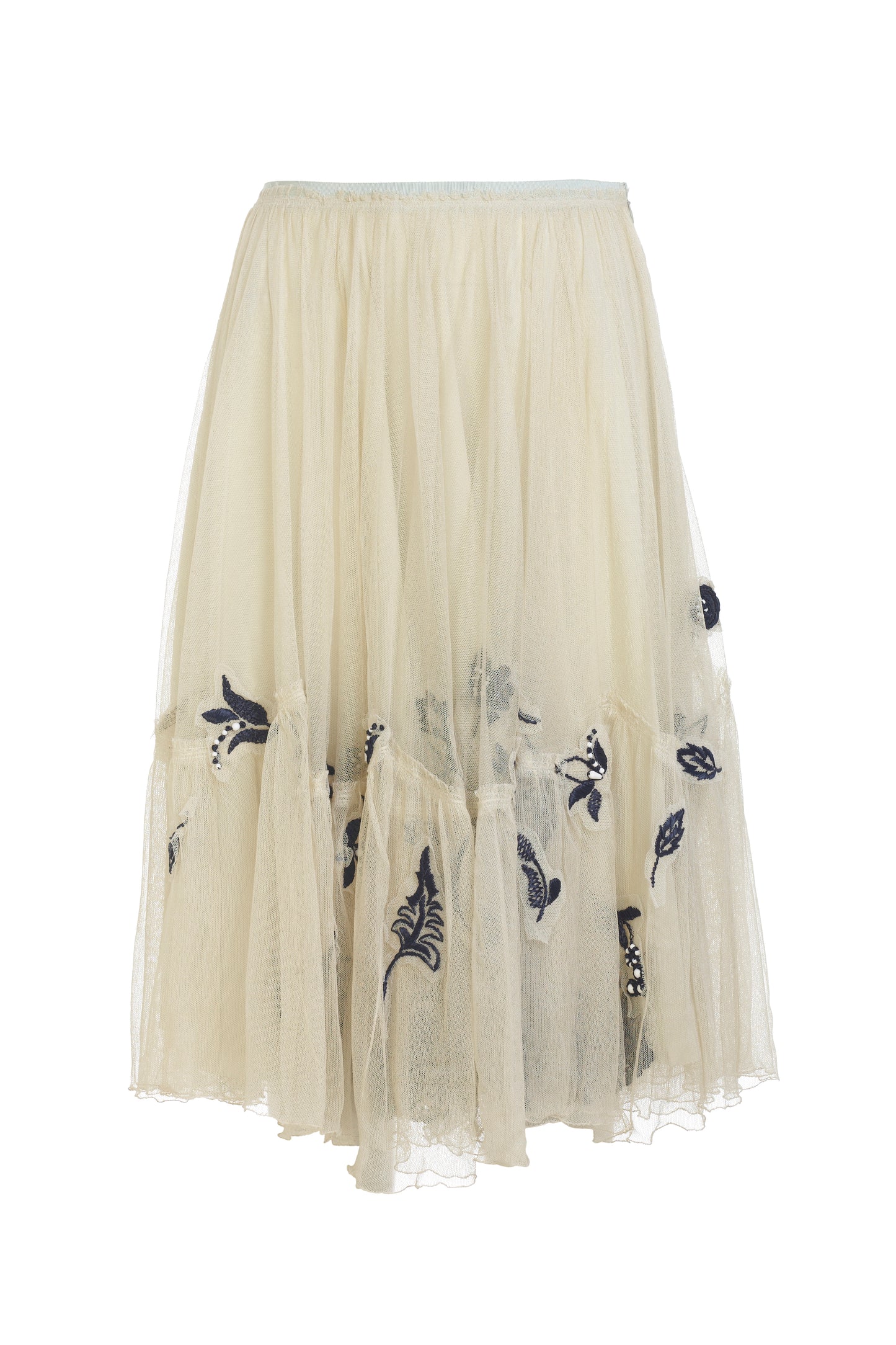 Prada jute skirt with mesh overlay and beaded applique