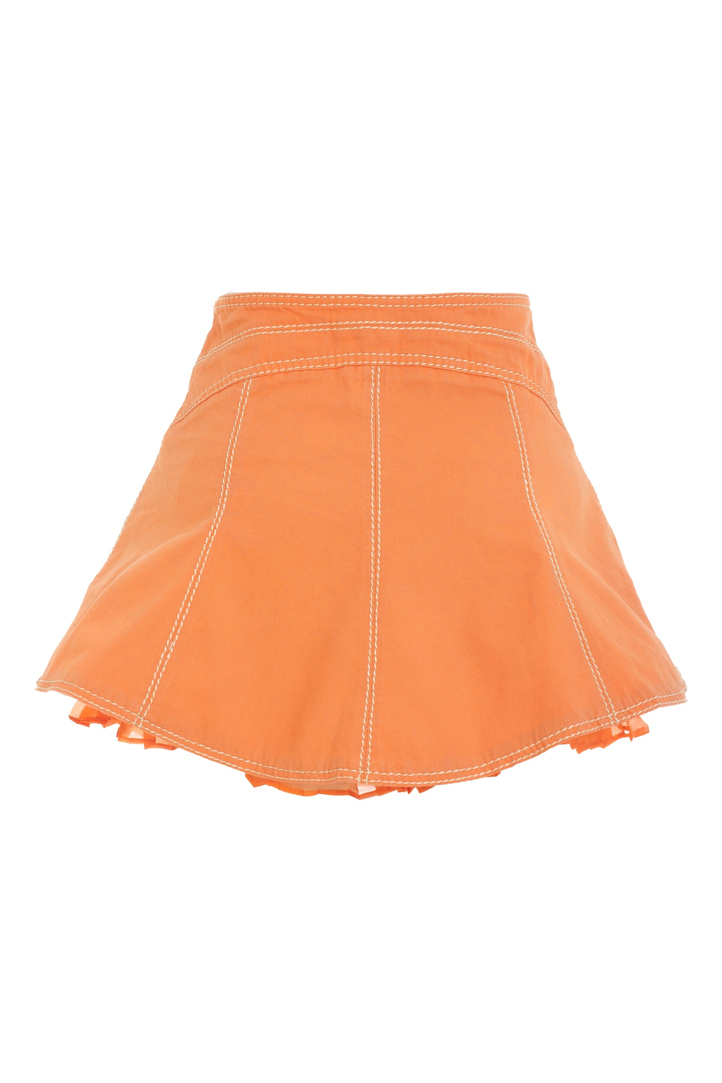Roberto Cavalli orange distressed denim skirt with white stitch details