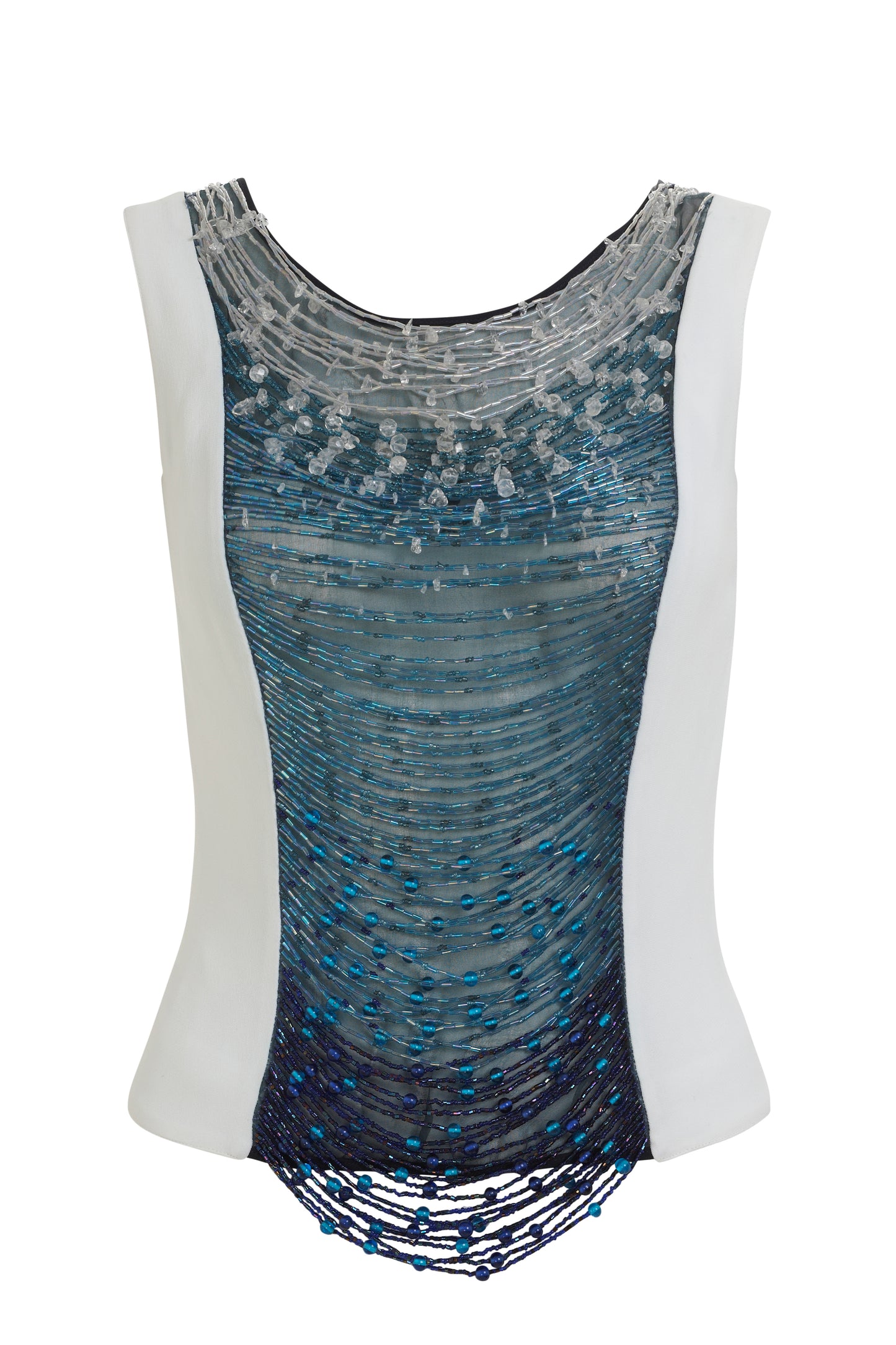 Alma white sleeveless top with draped blue crystal beading. Vintage