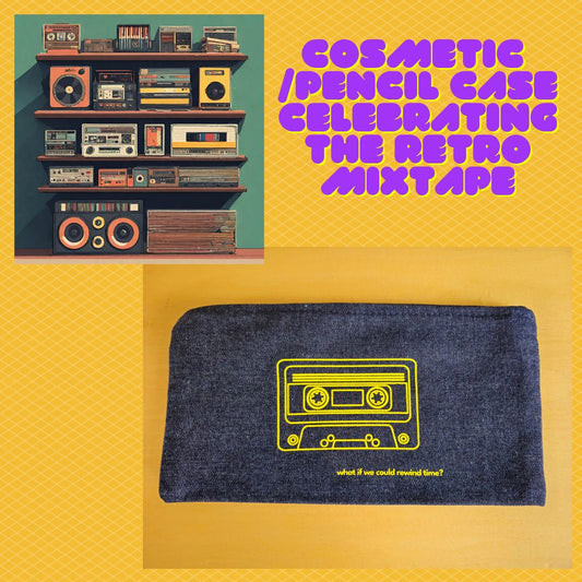 What if we could rewind time? Retro Mix-tape Cassette printed denim cosmetic/pencil case.