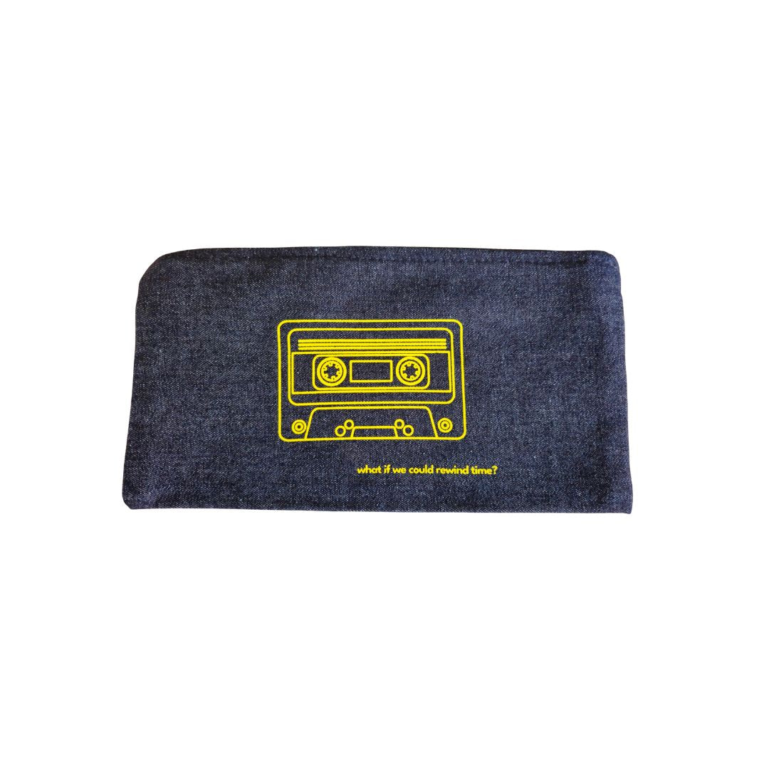 What if we could rewind time? Retro Mix-tape Cassette printed denim cosmetic/pencil case.