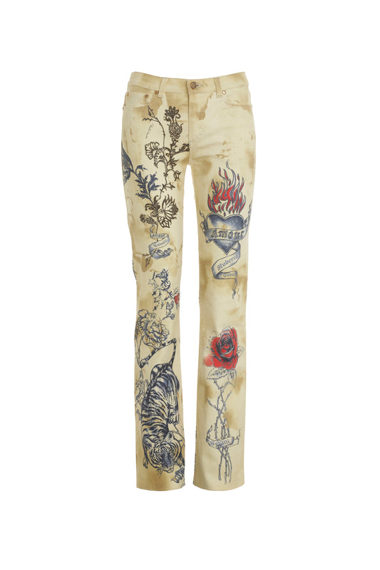 Roberto Cavalli cream denim jeans with flaming heart and tiger print