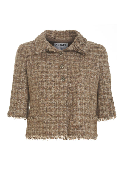 Chanel champagne, pink and moss green boucle jacket with 3/4 sleeves