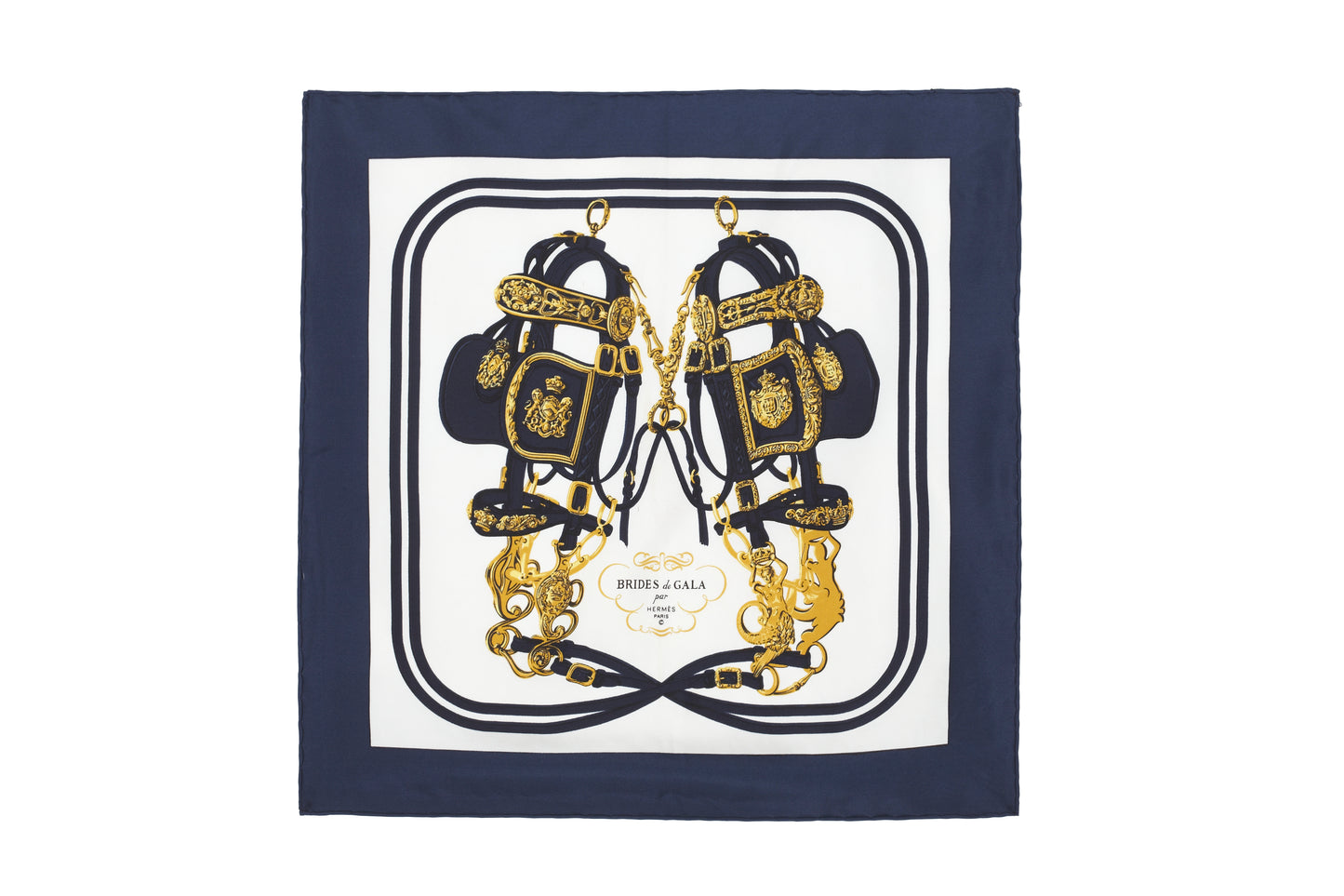 Hermes 'Brides de Gala' navy blue neck scarf with bridle motif