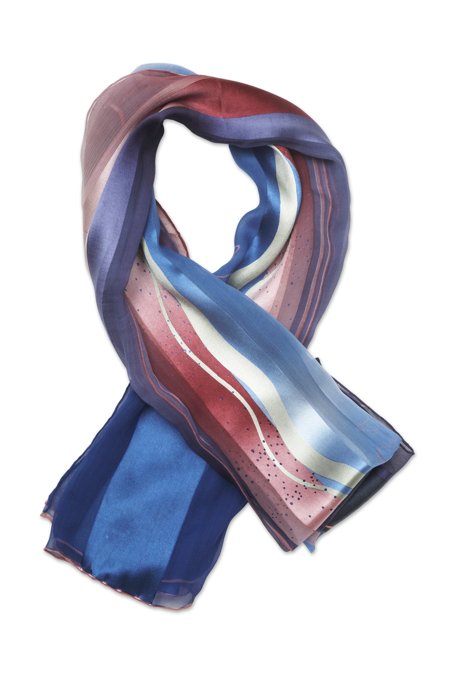 Georgina von Etzdorf navy blue silk chiffon long scarf with burgundy and yellow wavy stripes