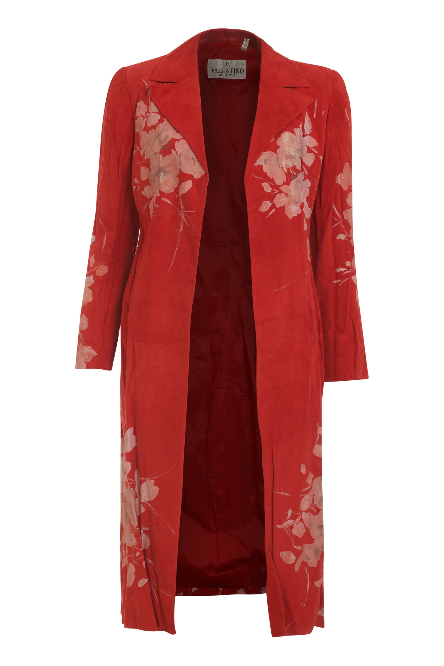 Valentino Boutique red suede coat with floral imprinted detail