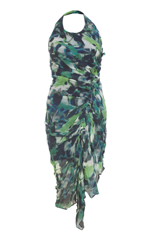 Diane Von Furstenberg navy, green and white asymetrical print silk dress