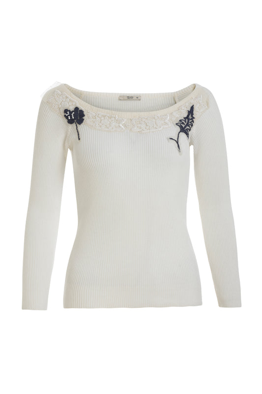 Prada white knitted top with floral beaded neckline