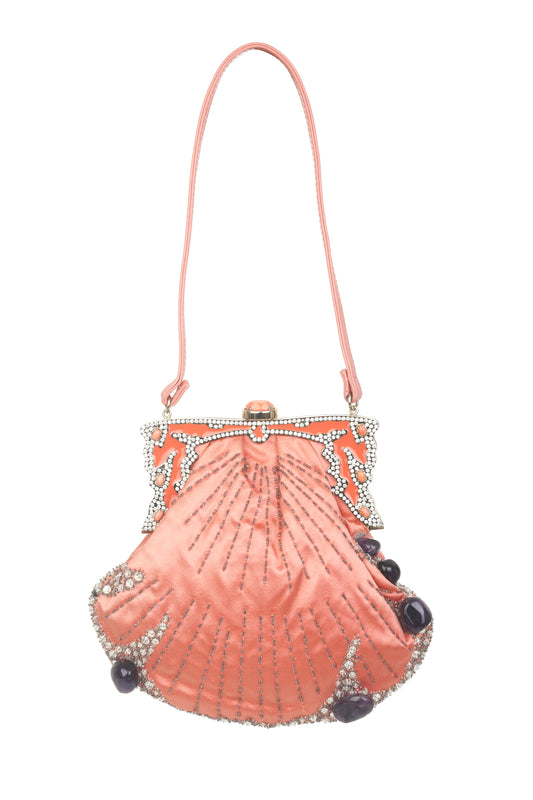 Valentino Garavani shell shaped coral satin mini bag with crystal applique