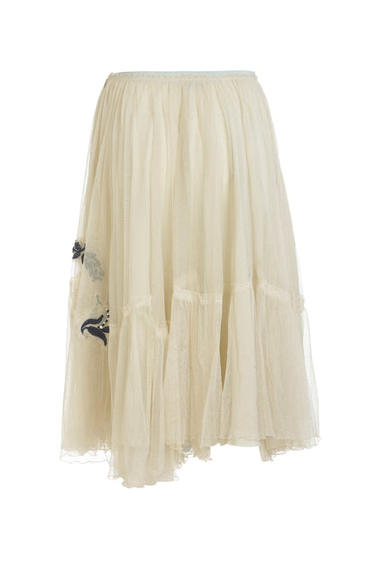 Prada jute skirt with mesh overlay and beaded applique