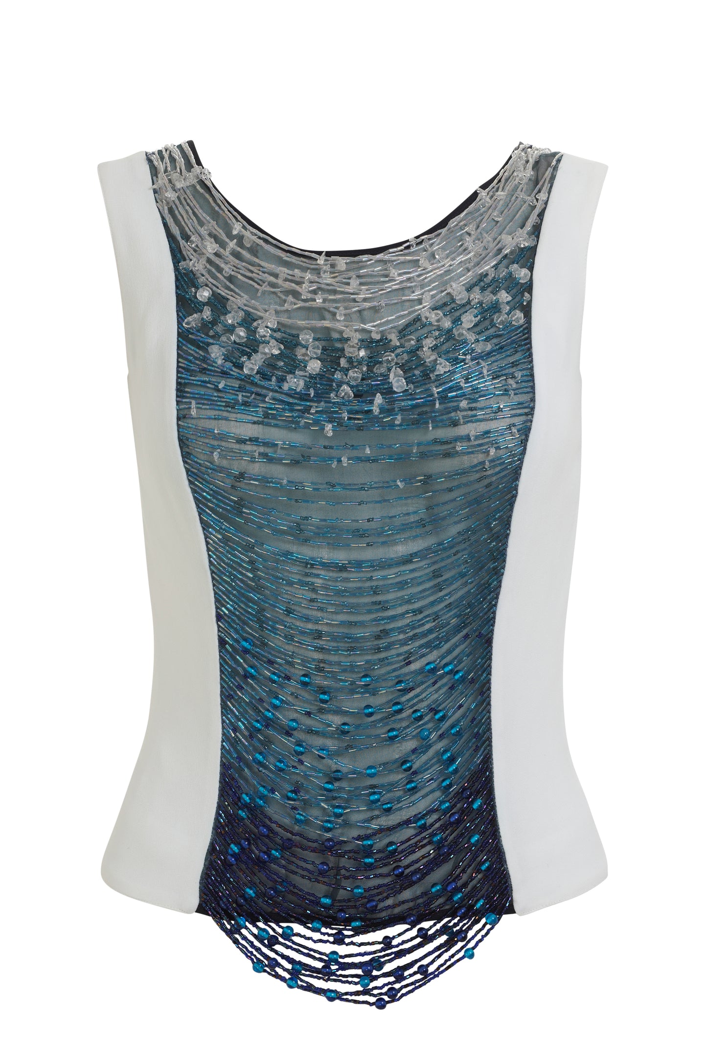 Alma white sleeveless top with draped blue crystal beading